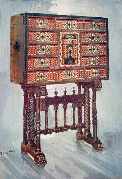 Vargueno Cabinet of Chestnut, Ivory, etc., Painted and Gilt with Wrought-Iron and Steel Mounts: Upon Twisted, Turned, and Carved Stand by Edwin John Foley